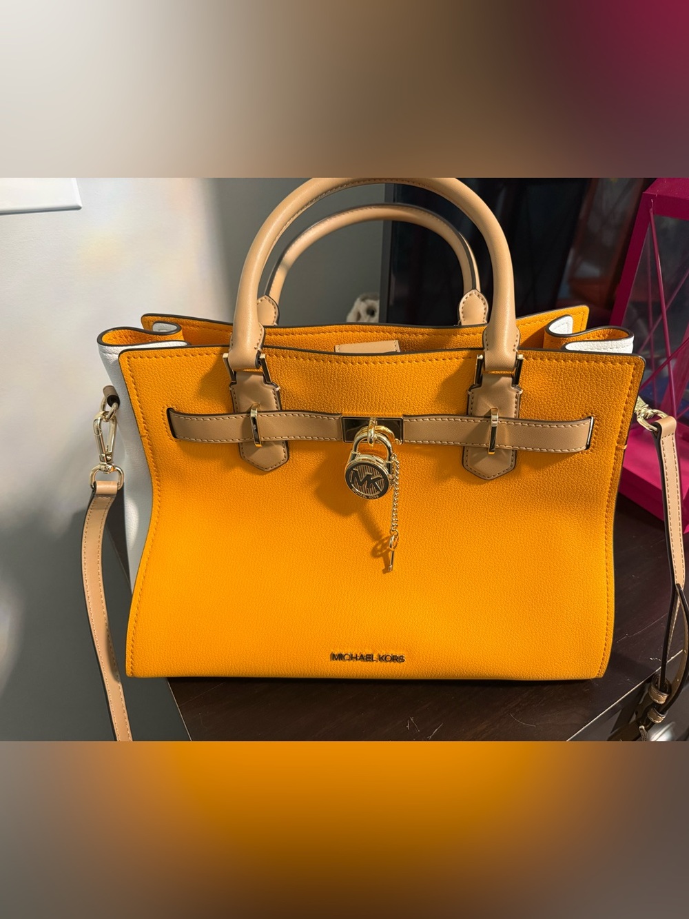 Michael Kors Bright Yellow Satchel with Tan Trim and Gold Hardware